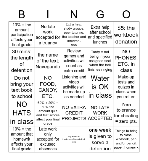 Class Policy Bingo Card