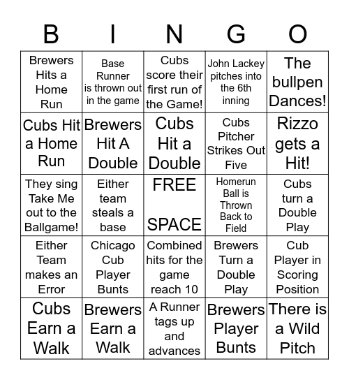 Your Chicago Cubs Bingo Scorecard