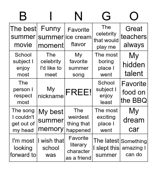 Back-To-School Bingo Card