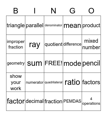 Math Bingo Card