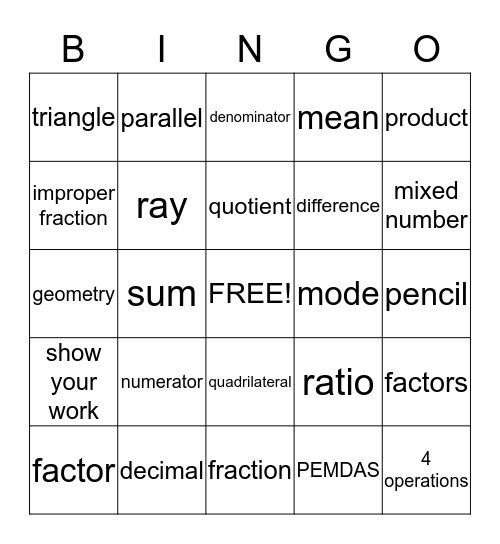 Math Bingo Card