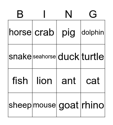 ANIMALS Bingo Card