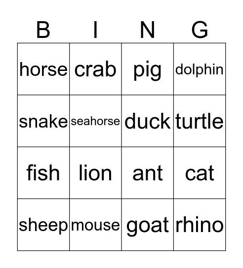 ANIMALS Bingo Card