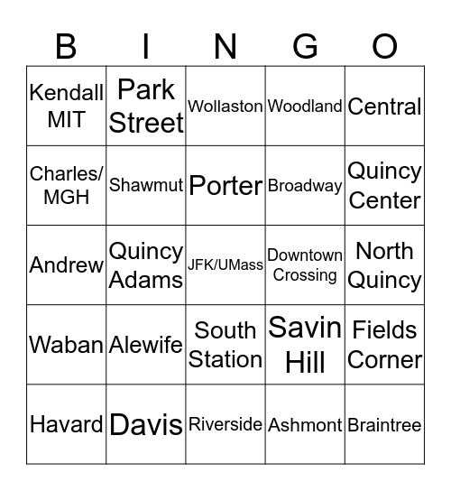 MBTA T Bingo Card