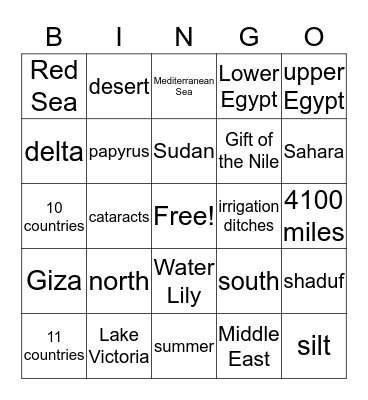 Nile River Bingo Card