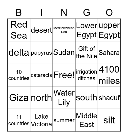 Nile River Bingo Card