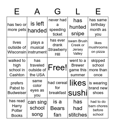 CHS Class of 1968 Reunion 2018 Bingo Card