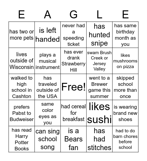 CHS Class of 1968 Reunion 2018 Bingo Card