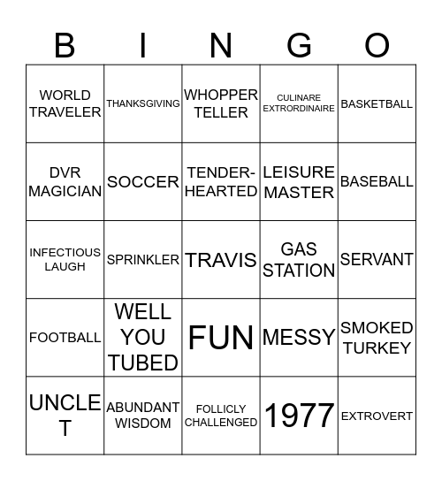 TRAVIS' LIFE Bingo Card
