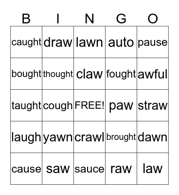 /o/ spelled au, aw, augh, ough, oor, ore Bingo Card