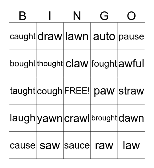 /o/ spelled au, aw, augh, ough, oor, ore Bingo Card