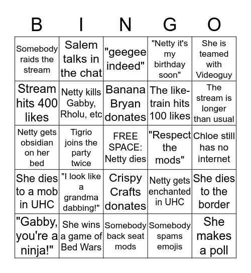 Netty's Live Stream Bingo Card