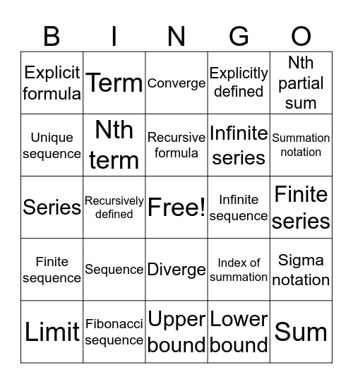 Section 10-1 Bingo Card