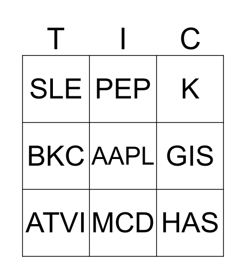 Company Ticker Symbols Bingo Card