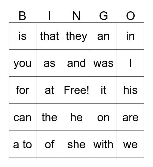 Pre Primer Sight Words # 1 Bingo Card