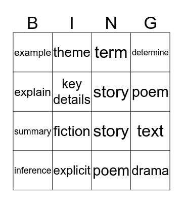 Reading Vocabulary Bingo Card