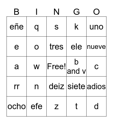 6th grade Spanish Bingo Card