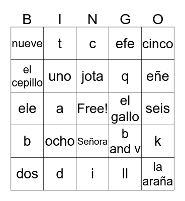 6th grade Spanish Bingo Card