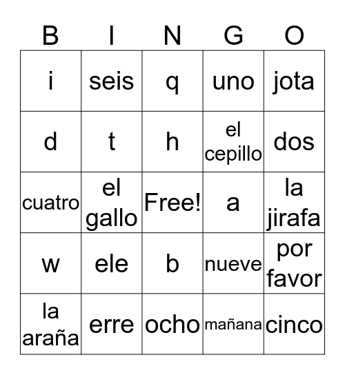 6th grade Spanish Bingo Card