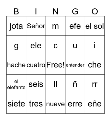 6th grade Spanish Bingo Card