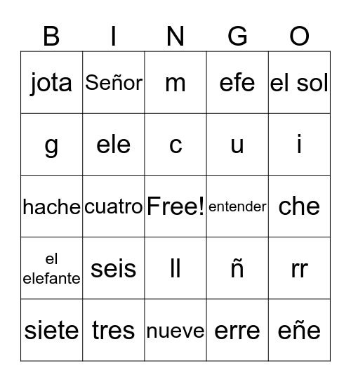 6th grade Spanish Bingo Card