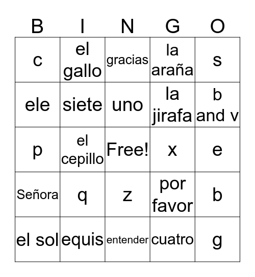 6th grade Spanish Bingo Card