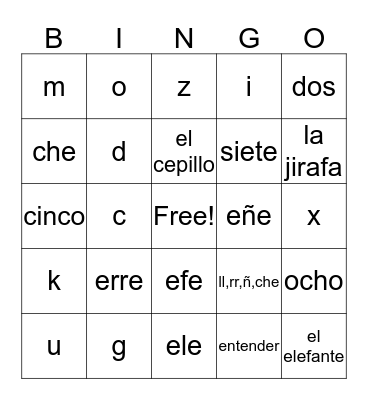 6th grade Spanish Bingo Card