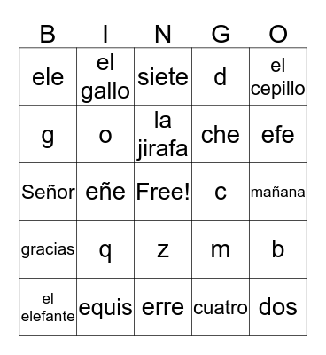 6th grade Spanish Bingo Card