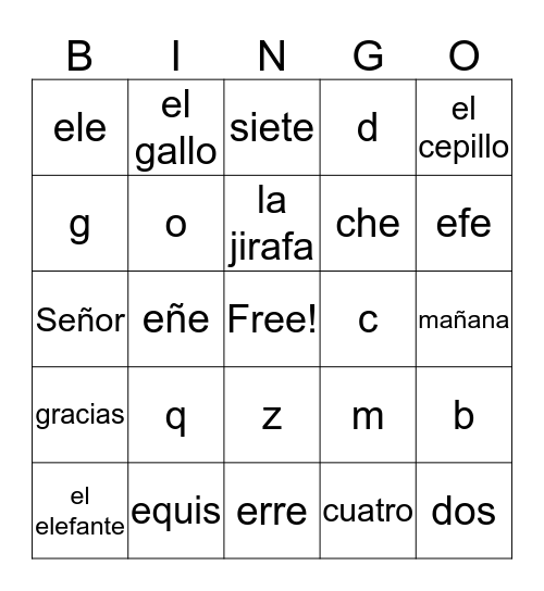 6th grade Spanish Bingo Card