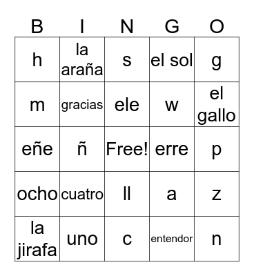 6th grade Spanish Bingo Card