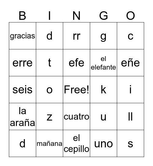 6th grade Spanish Bingo Card