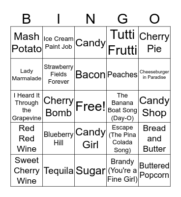 Songs with Food and Drink Bingo Card