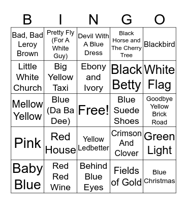 Songs with Colors Bingo Card