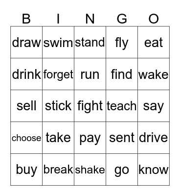 Present tense form of irregular past tense verbs Bingo Card