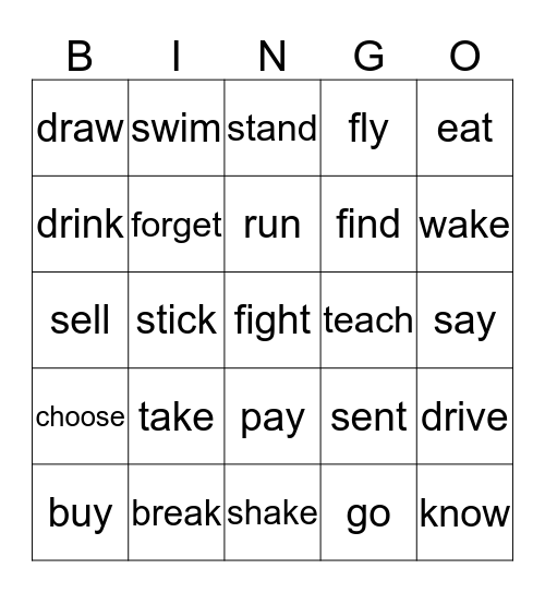 Present Tense Form Of Irregular Past Tense Verbs Bingo Card