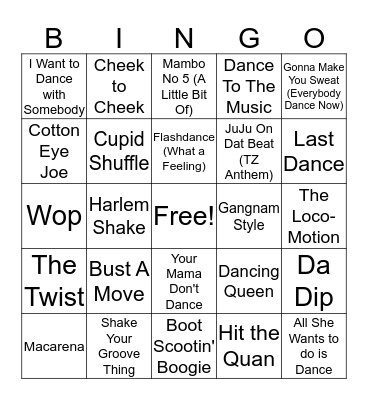 Dance Songs Bingo Card