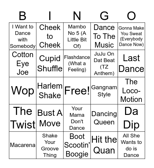 Dance Songs Bingo Card
