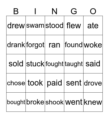 Irregular Past tense verbs  Bingo Card
