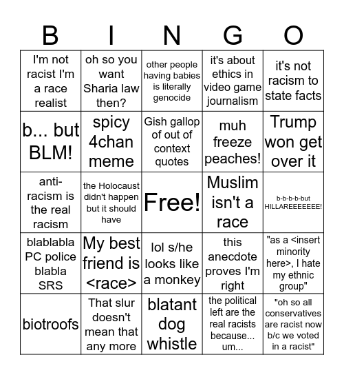 Reddit Discusses Race Bingo Card