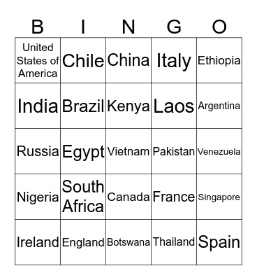 Countries Bingo Card