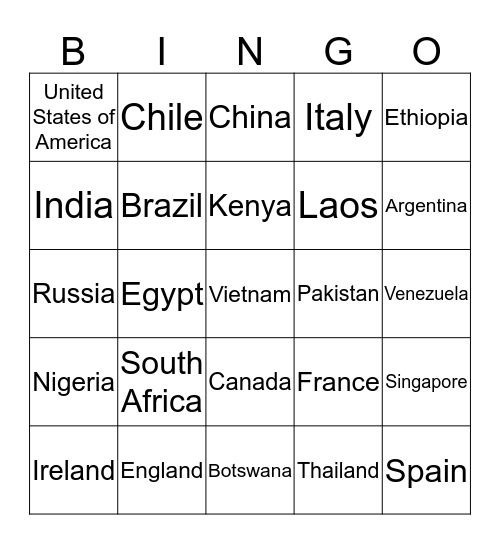 Countries Bingo Card