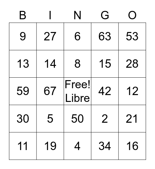 French numbers Bingo Card