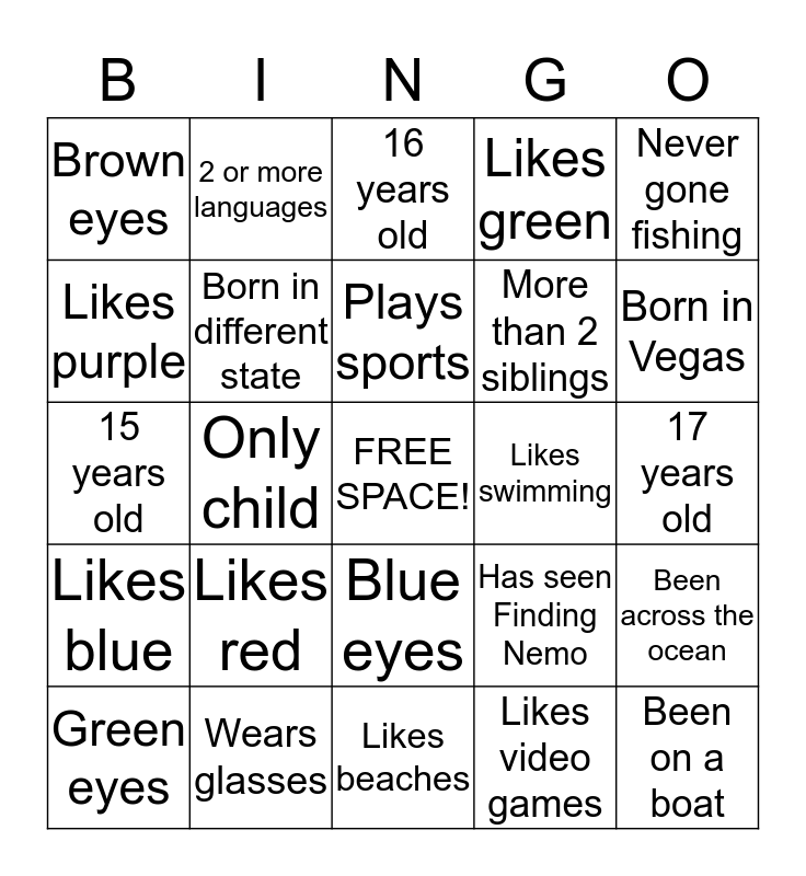 Get to Know You Bingo: Nemo Style Bingo Card