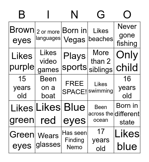 Get to Know You Bingo: Nemo Style Bingo Card