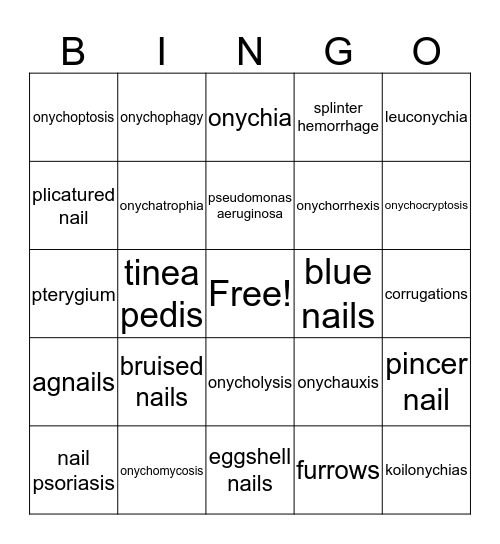 Nail Diseases, Disorders and Conditions Bingo Card