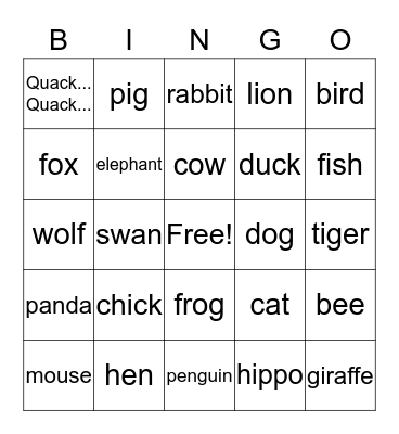 Animals Bingo Card