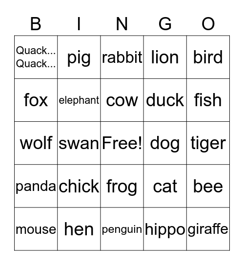 Animals Bingo Card