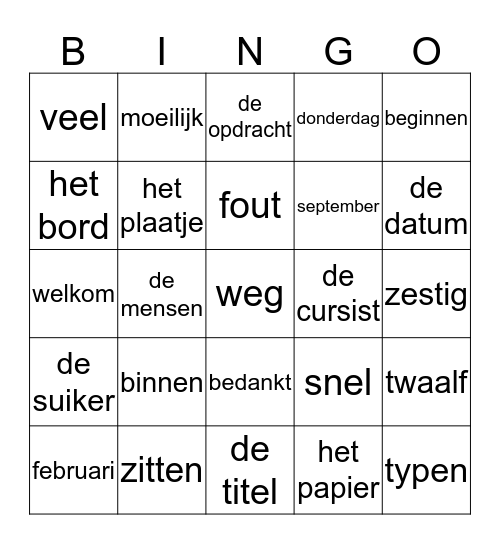 Woorden thema 2 TCA1 Bingo Card