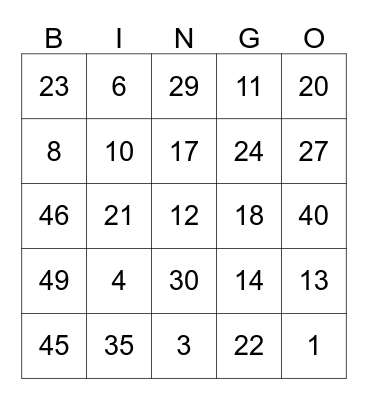 Ward Party Bingo Card