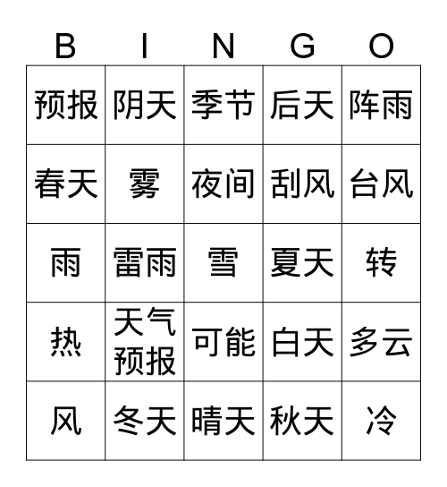 天气预报 Bingo Card